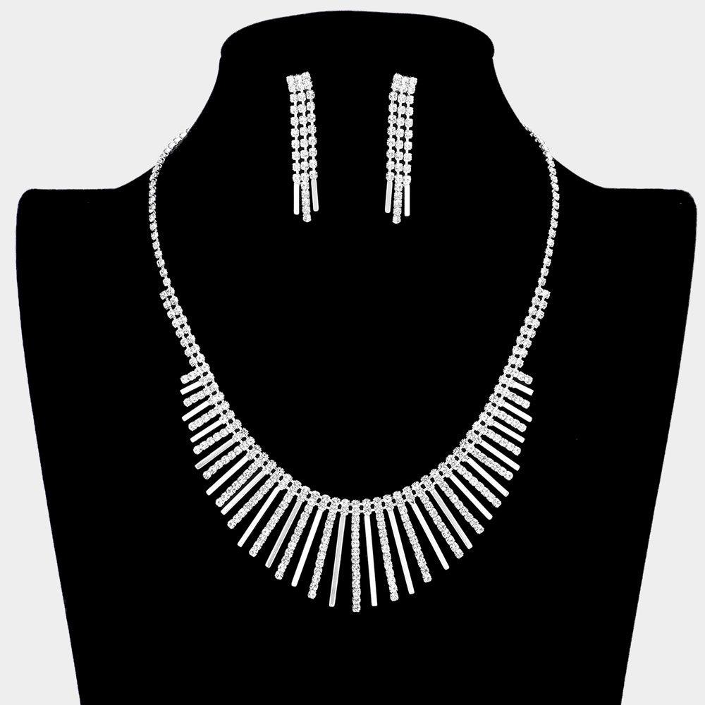 Silver Pave Crystal Rhinestone Bar Metal Bar Fringe Necklace