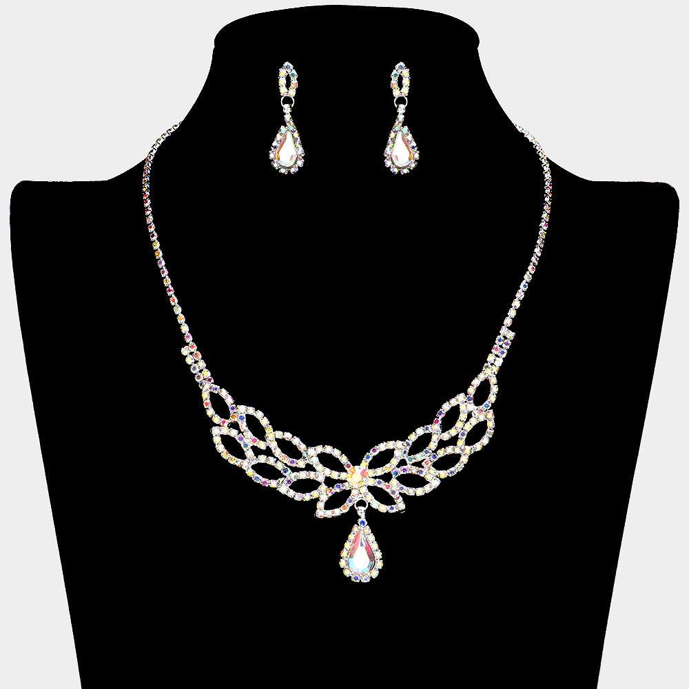 Silver Teardrop Stone Pendant Pointed Necklace Rhinestone Paved