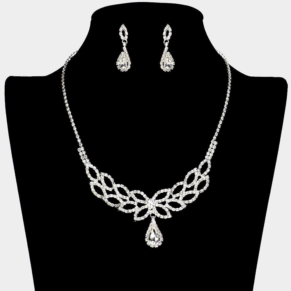 Silver Teardrop Stone Pendant Pointed Necklace Rhinestone Paved