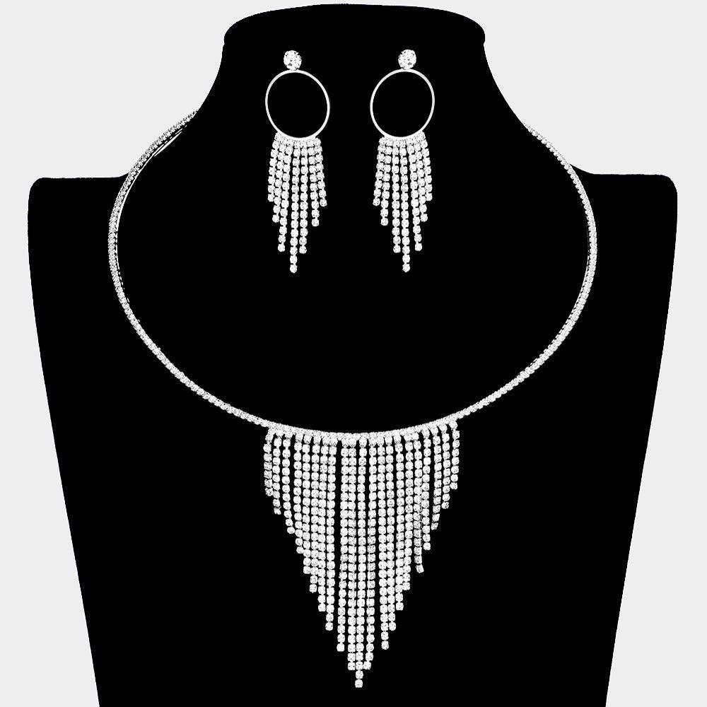 Silver Rhinestone Fringe Necklace