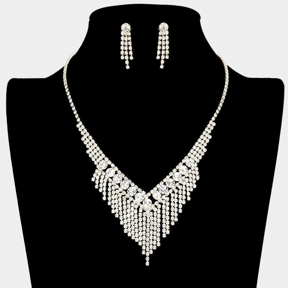 Gold Round Stone Accented Rhinestone Fringe Necklace - Jewelry Store by Erik Rayo