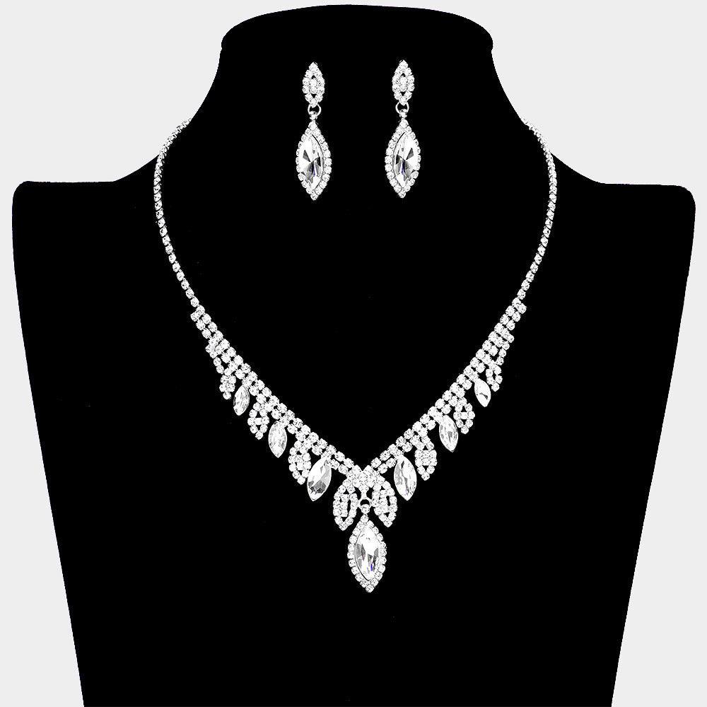 Silver Marquise Stone Necklace Rhinestone Paved