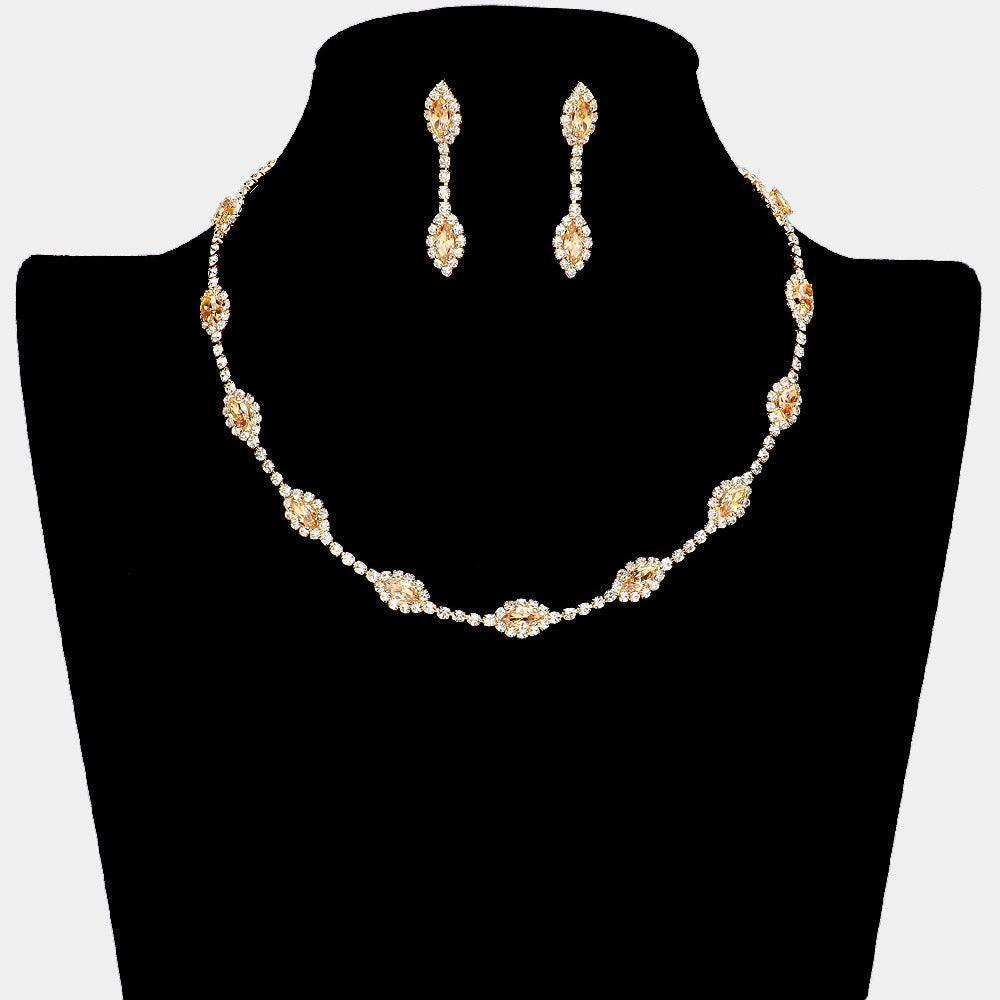 Gold CZ Marquise Stone Pointed Station Necklace Rhinestone Paved - Jewelry Store by Erik Rayo