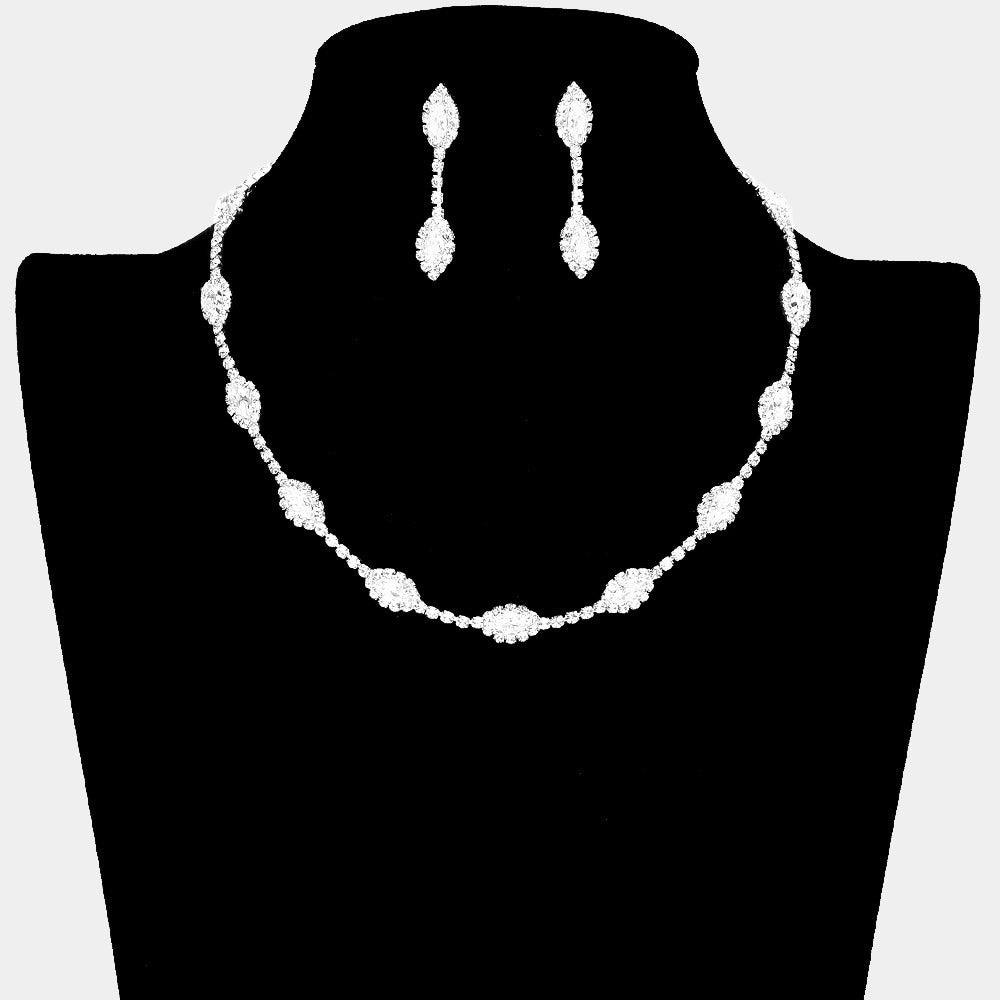 Silver CZ Marquise Stone Pointed Station Necklace Rhinestone Paved