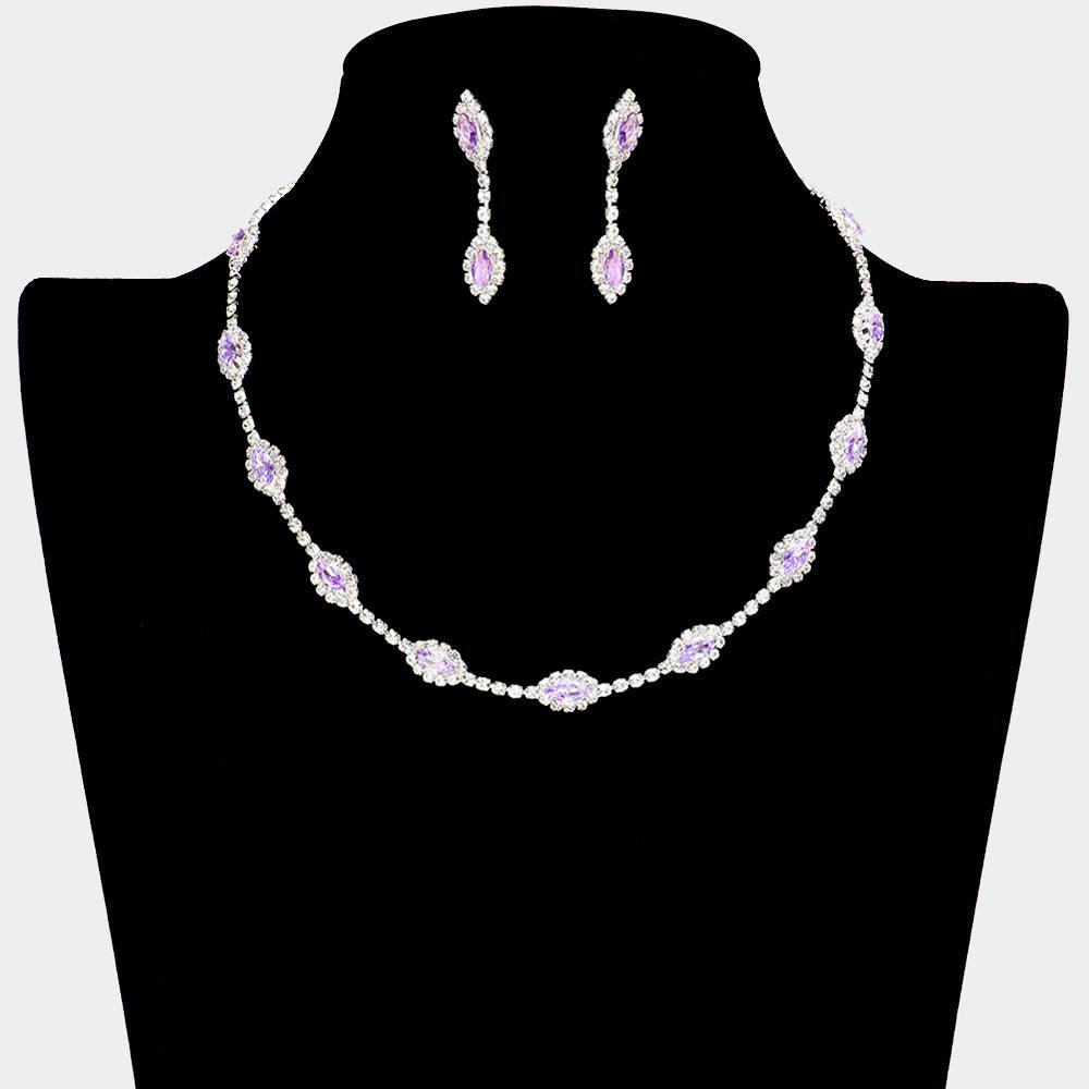 Silver CZ Marquise Stone Pointed Station Necklace Rhinestone Paved