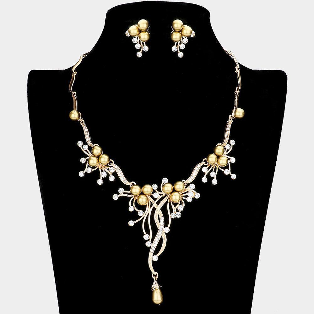 Gold Pearl Accented Floral Rhinestone Necklace - Jewelry Store by Erik Rayo