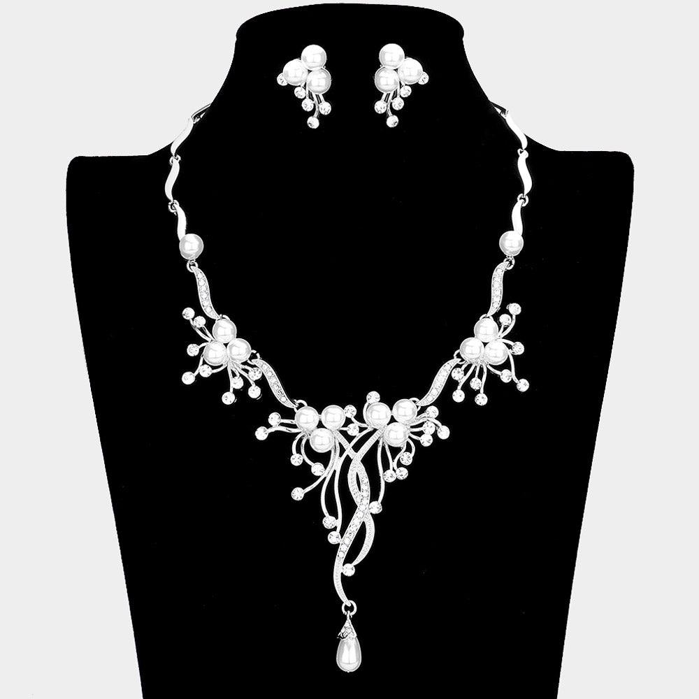 White Pearl Accented Floral Rhinestone Necklace