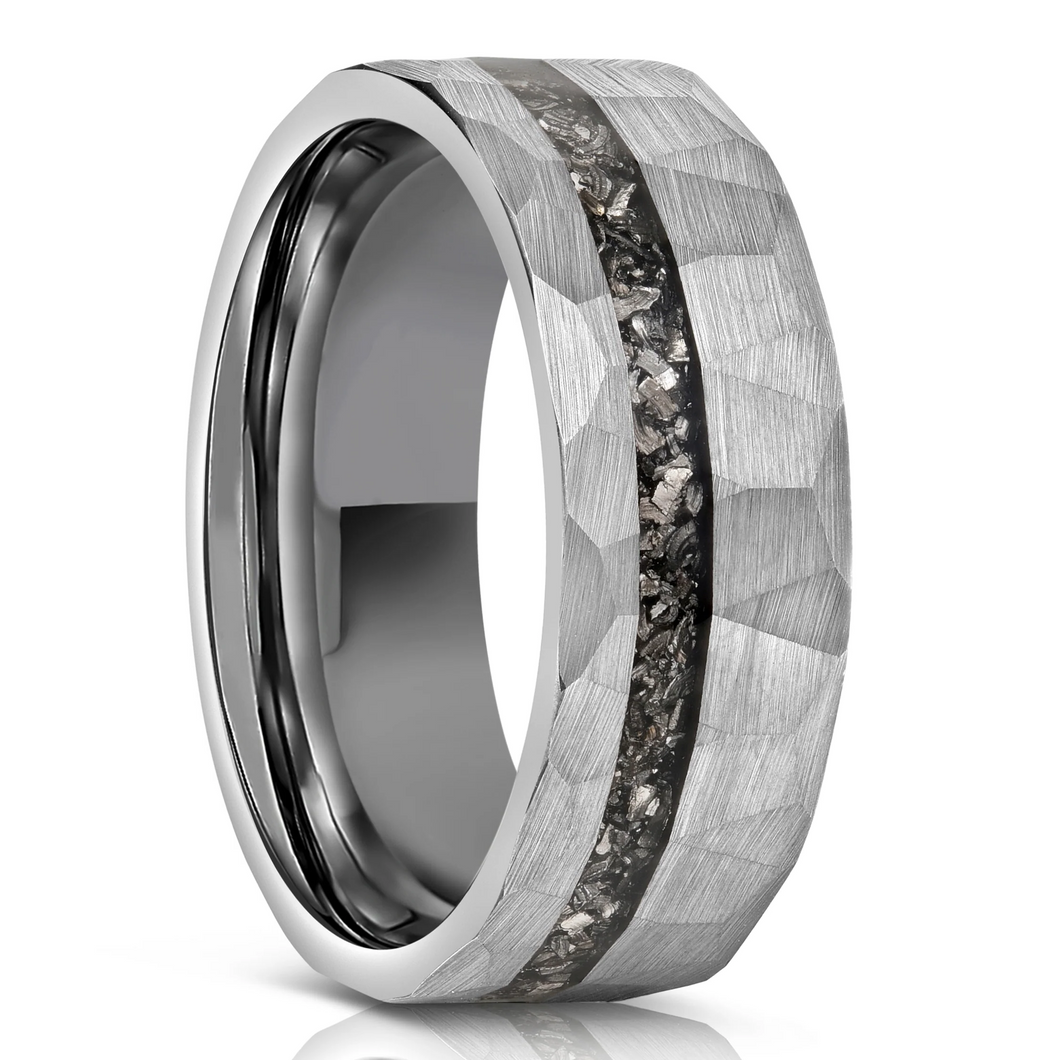 Men's Wedding Band Rings - Brushed Faceted Meteorite Wedding Ring for Men and Women