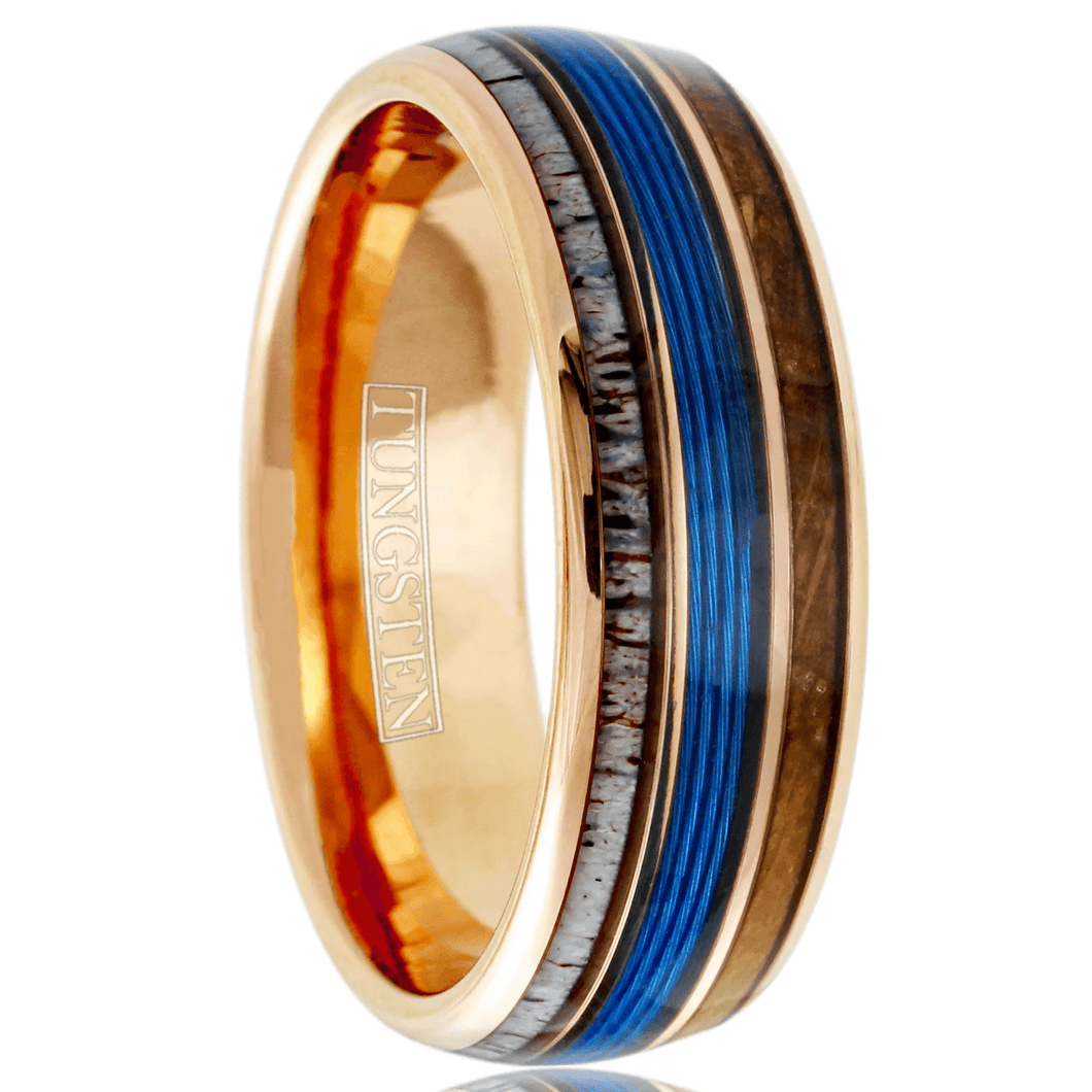 Men's Wedding Band Ring - Rose Fishing Line, Whiskey Barrel, Antler Design - Wedding Rings for Men and Women