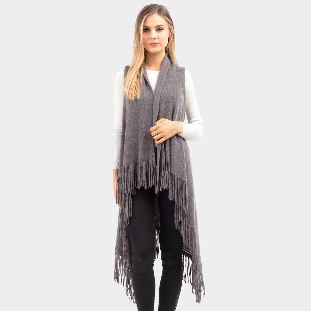 Charcoal Solid Fringe Knit Vest