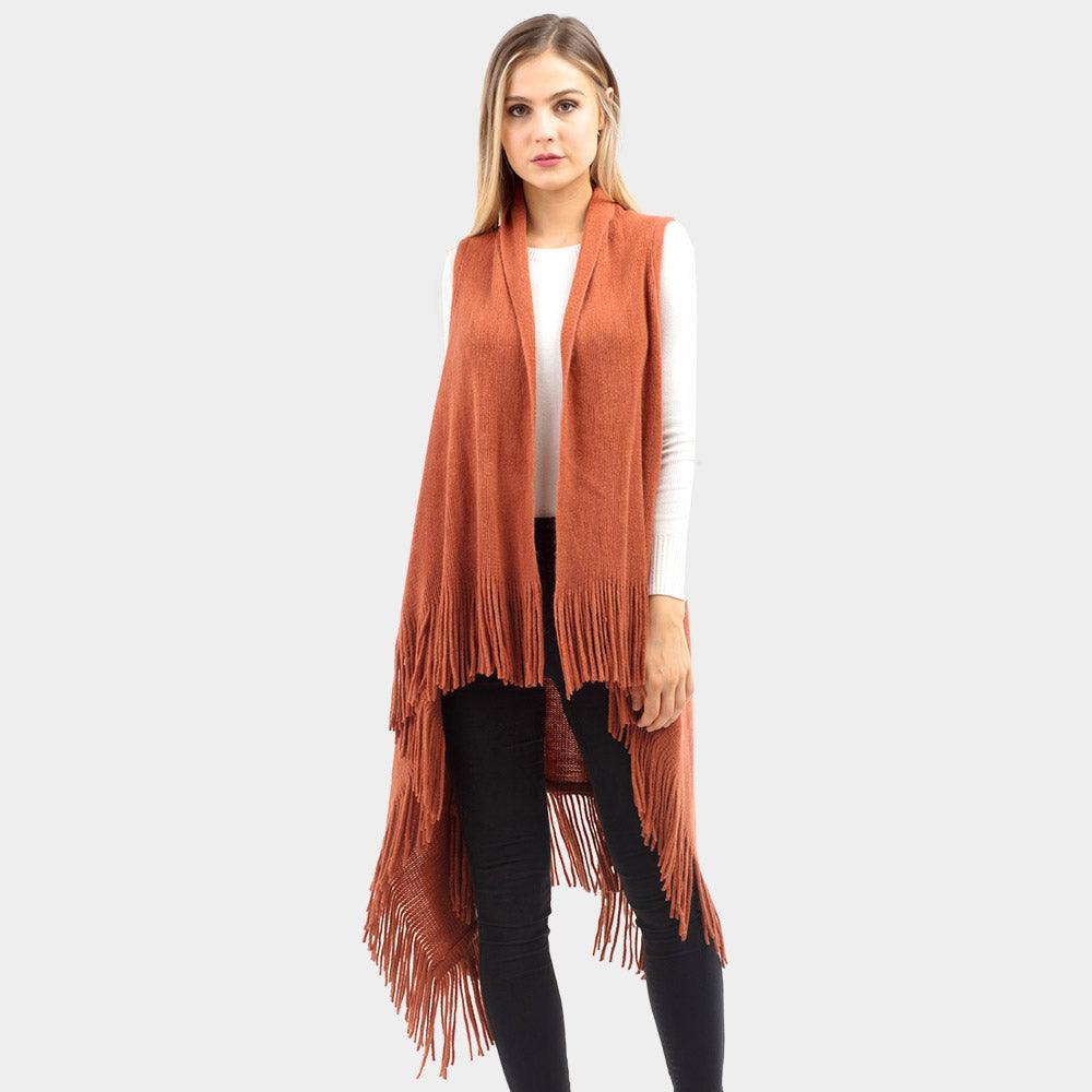 Camel Solid Fringe Knit Vest