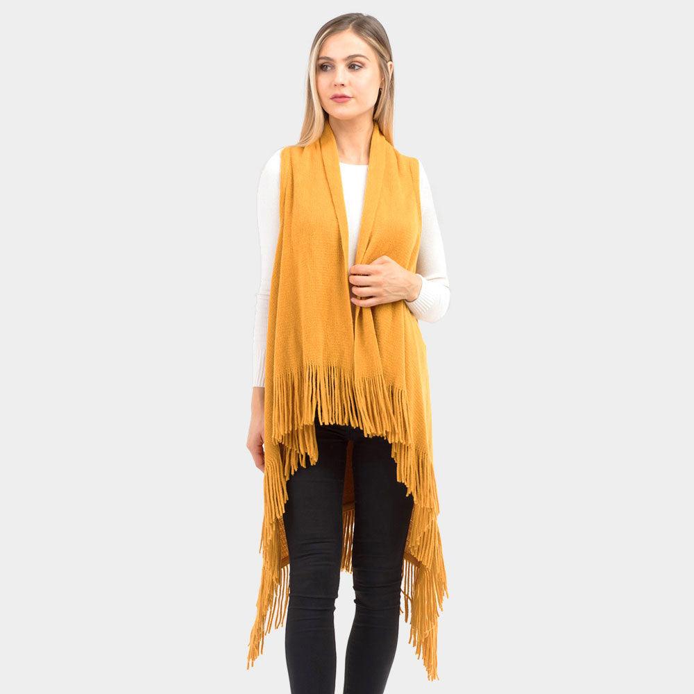 Mustard Solid Fringe Knit Vest