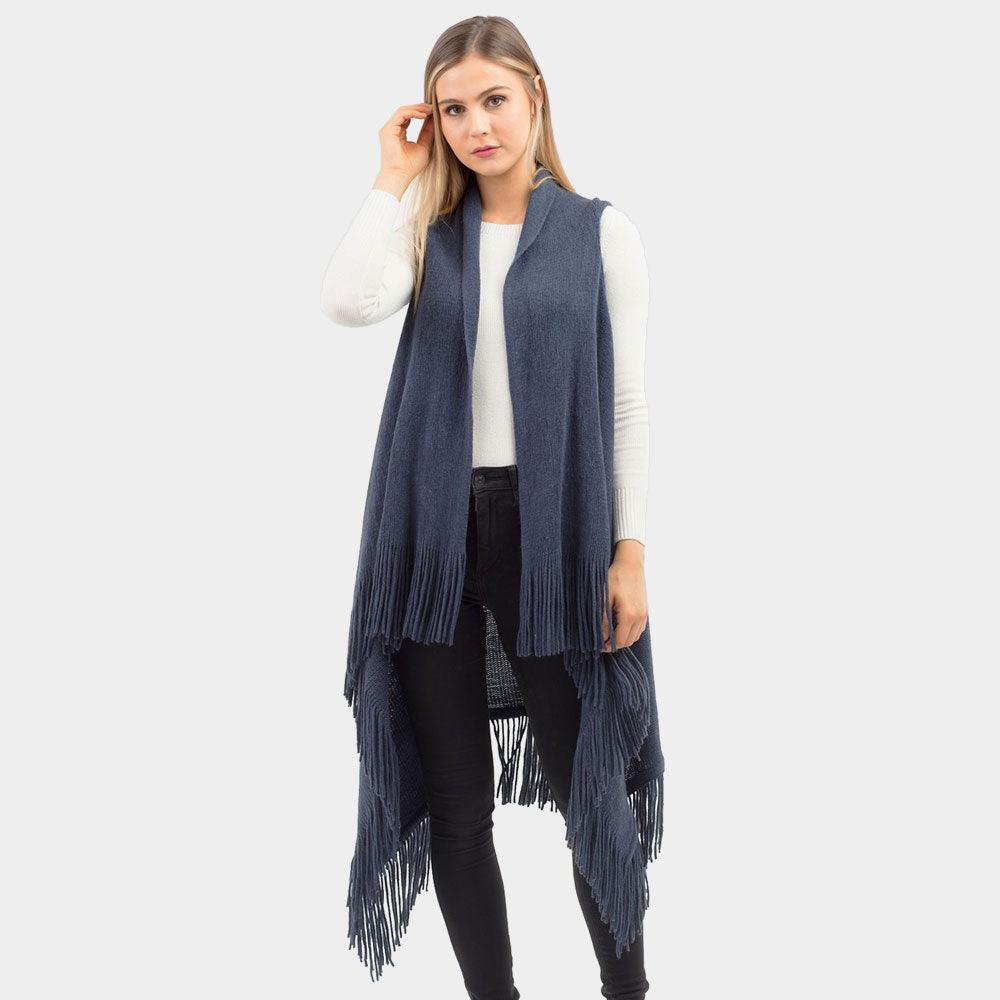 Navy Solid Fringe Knit Vest - Jewelry Store by Erik Rayo