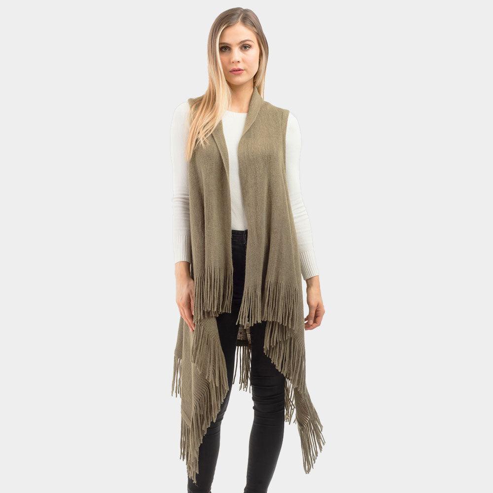 Olive Green Solid Fringe Knit Vest