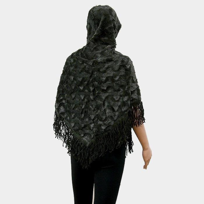 Gray Hooded Fur Open Poncho with Suede Fringes - Jewelry Store by Erik Rayo