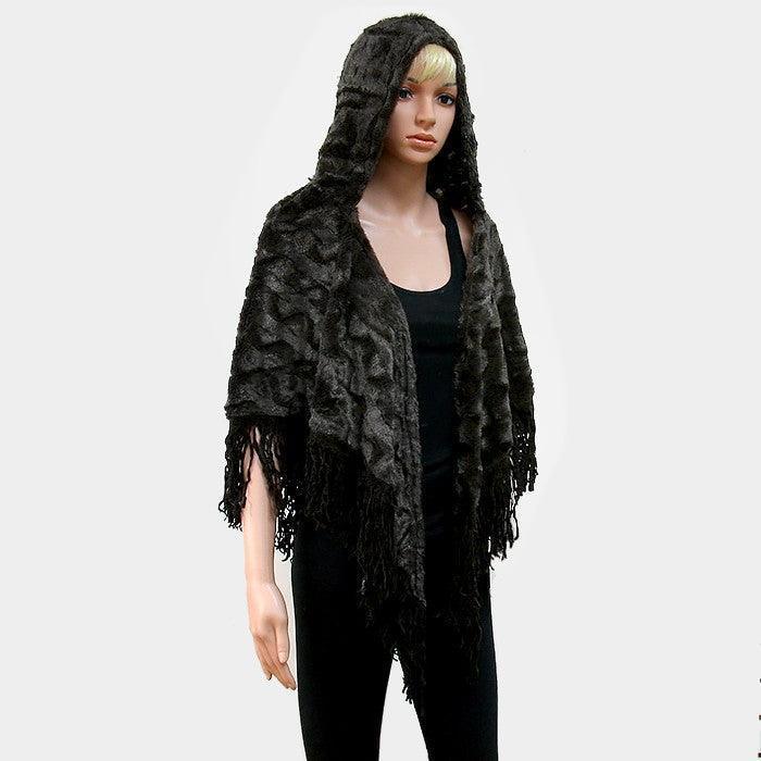 Gray Hooded Fur Open Poncho with Suede Fringes - Jewelry Store by Erik Rayo