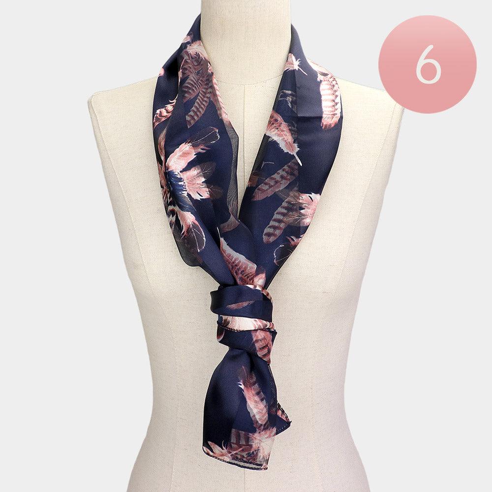 Navy 6PCS - Silk Feel Satin Stripe Feather Pattern Scarf