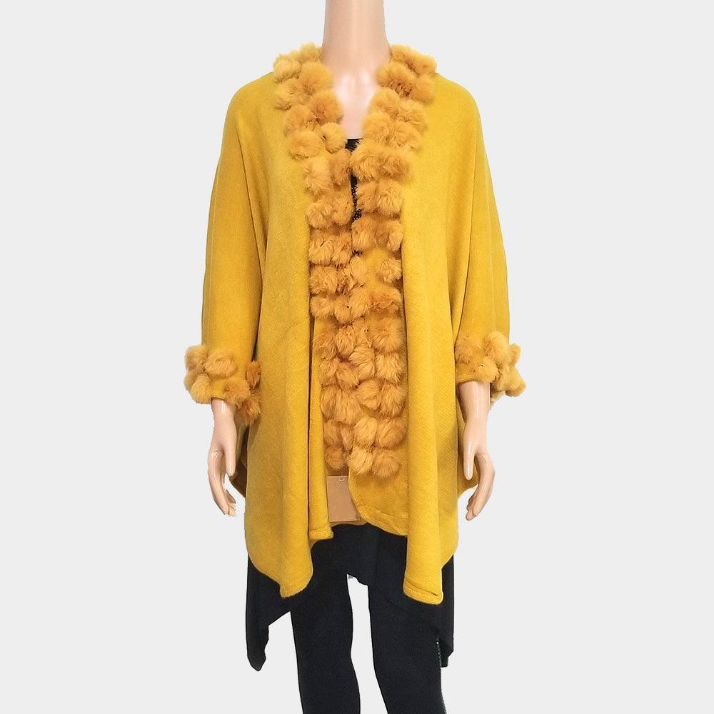 Mustard Faux Fur Trim Detail Long Poncho - Jewelry Store by Erik Rayo