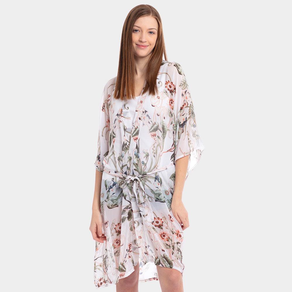 White Floral Belt Kimono Poncho