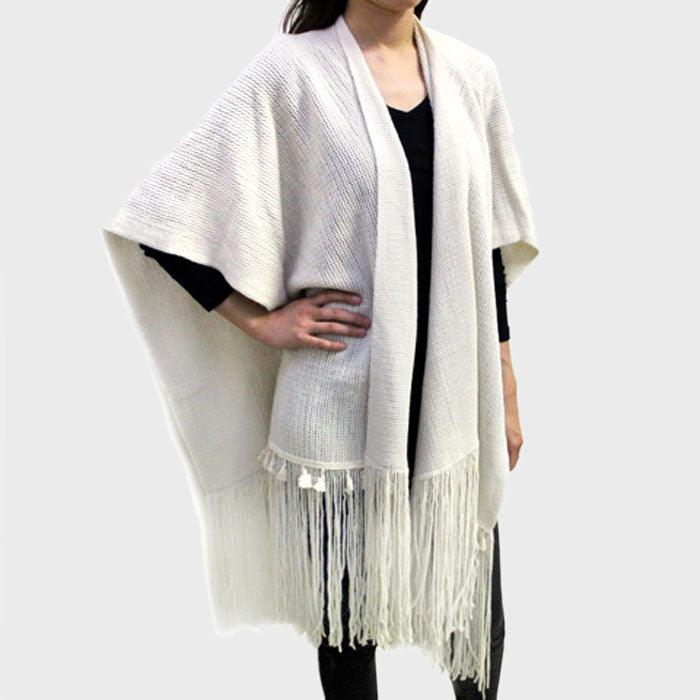 White Fringe Accented Knit Scarf