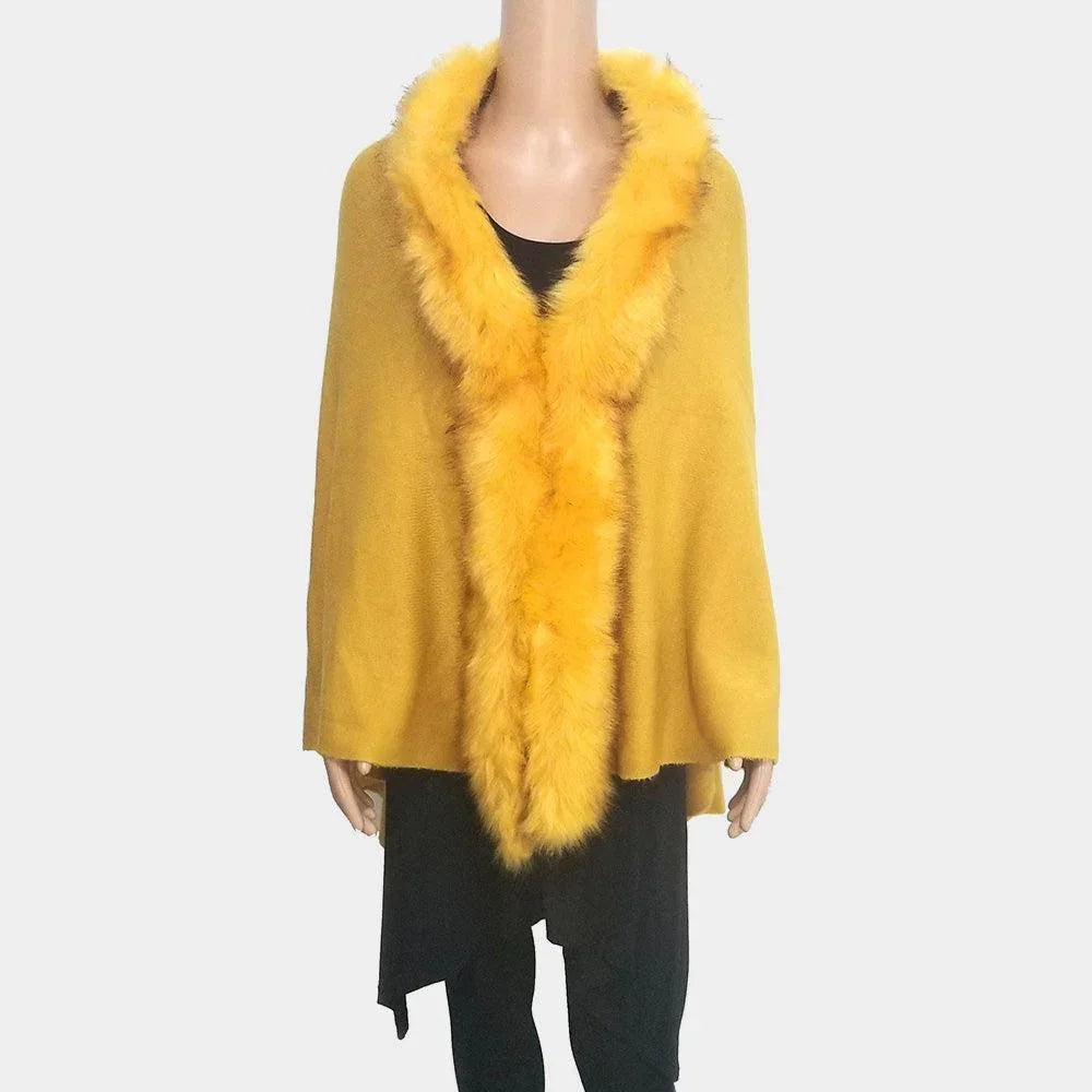 Mustard Faux Fur Trim Shawl Poncho - Jewelry Store by Erik Rayo