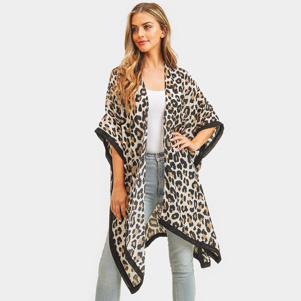 Beige Leopard Pattern Print Kimono Poncho