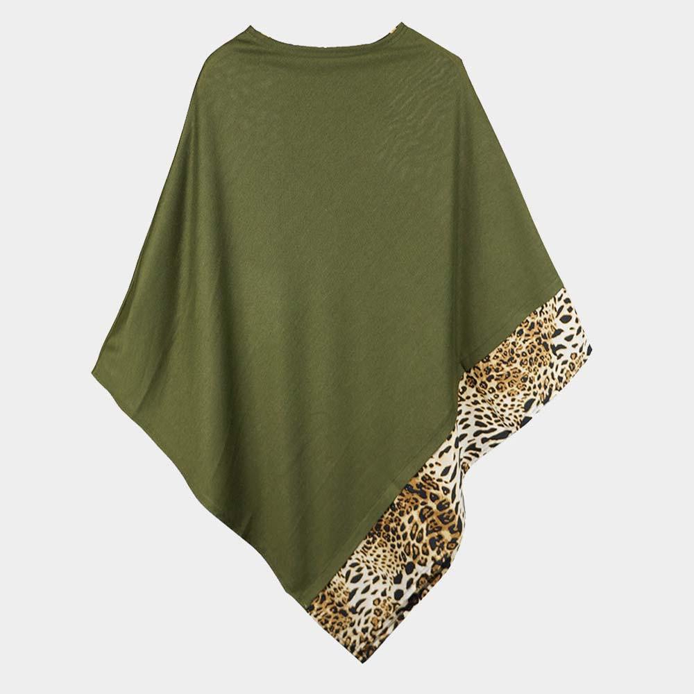 Olive Green Leopard Trim Solid Poncho