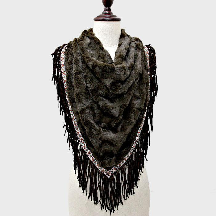 Brown Boho Fringe Fur Scarf