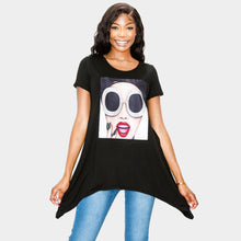Load image into Gallery viewer, Black Bling Sunglasses Lip Accented Girl Print Half Sleeve Top
