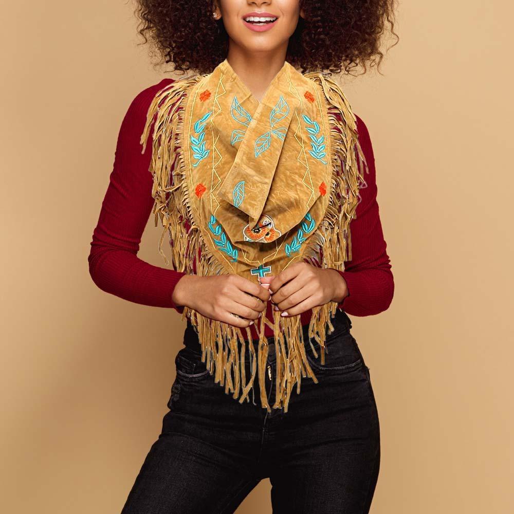 Brown 3-Way Day of the Dead Mexican Sugar Skull Suede Fringe Scarf - Jewelry Store by Erik Rayo