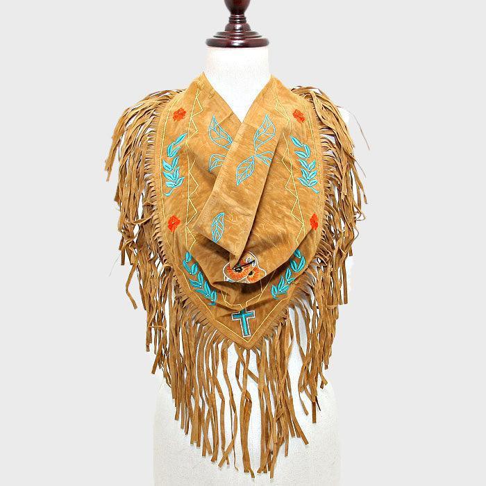 Brown 3-Way Day of the Dead Mexican Sugar Skull Suede Fringe Scarf - Jewelry Store by Erik Rayo