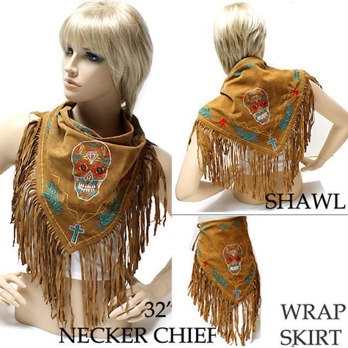Brown 3-Way Day of the Dead Mexican Sugar Skull Suede Fringe Scarf - Jewelry Store by Erik Rayo