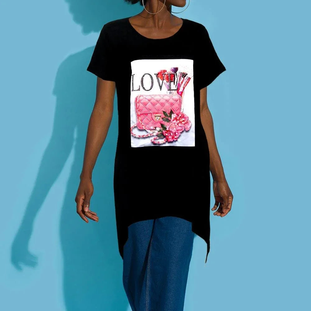 Black LOVE Flower Bag Printed Crystal Embellished Half Sleeve Top - Jewelry Store by Erik Rayo