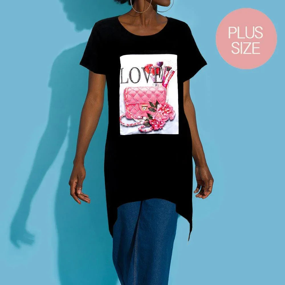 Black LOVE Flower Bag Printed Crystal Embellished Half Sleeve Top - Jewelry Store by Erik Rayo