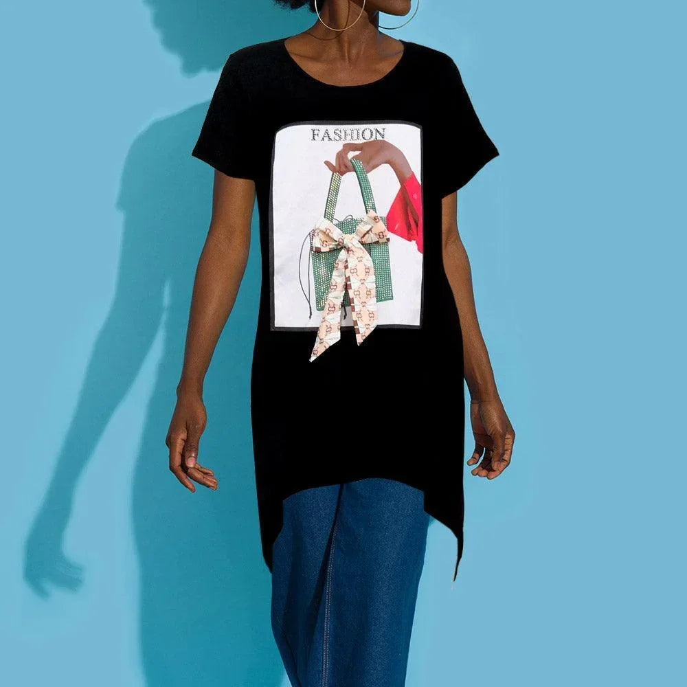 Black Bow Accented Fashion Bag Printed Crystal Embellished Half Sleeve Top - Jewelry Store by Erik Rayo