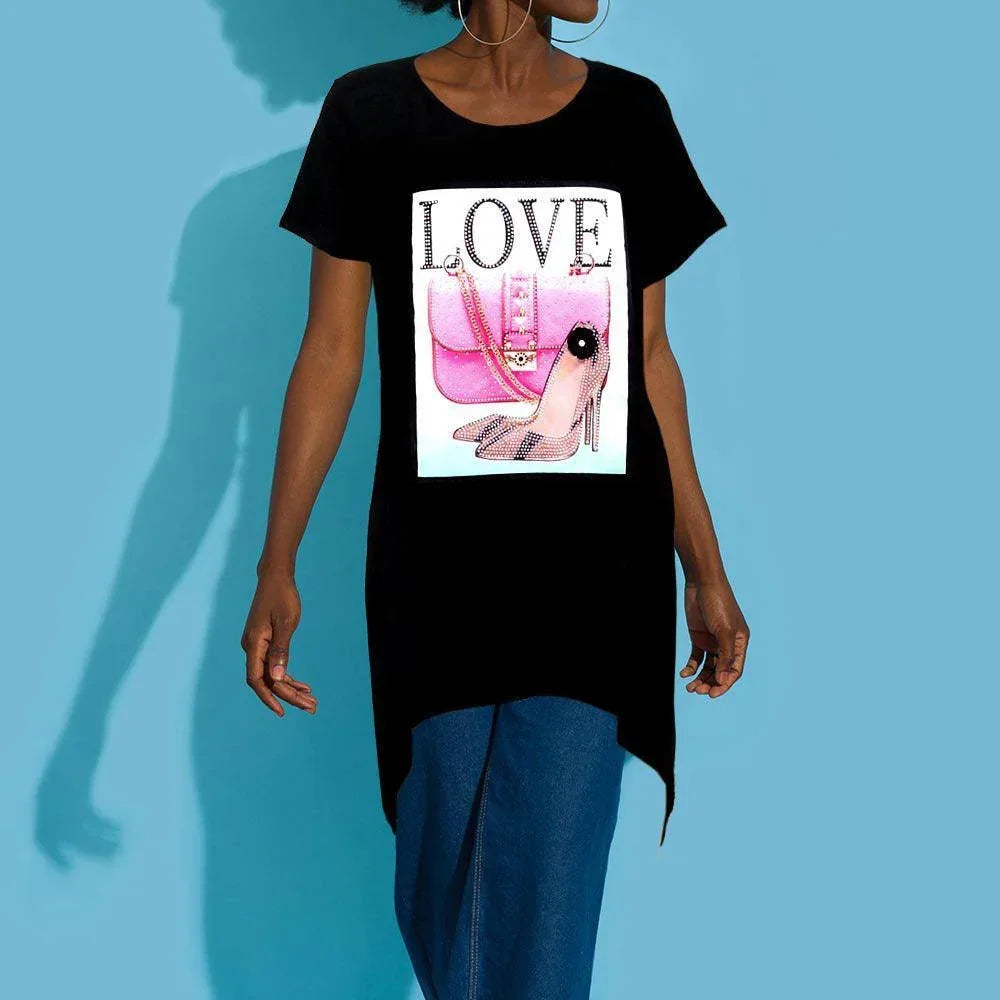 Black LOVE Bag Stiletto Heel Printed Crystal Embellished Half Sleeve Top - Jewelry Store by Erik Rayo