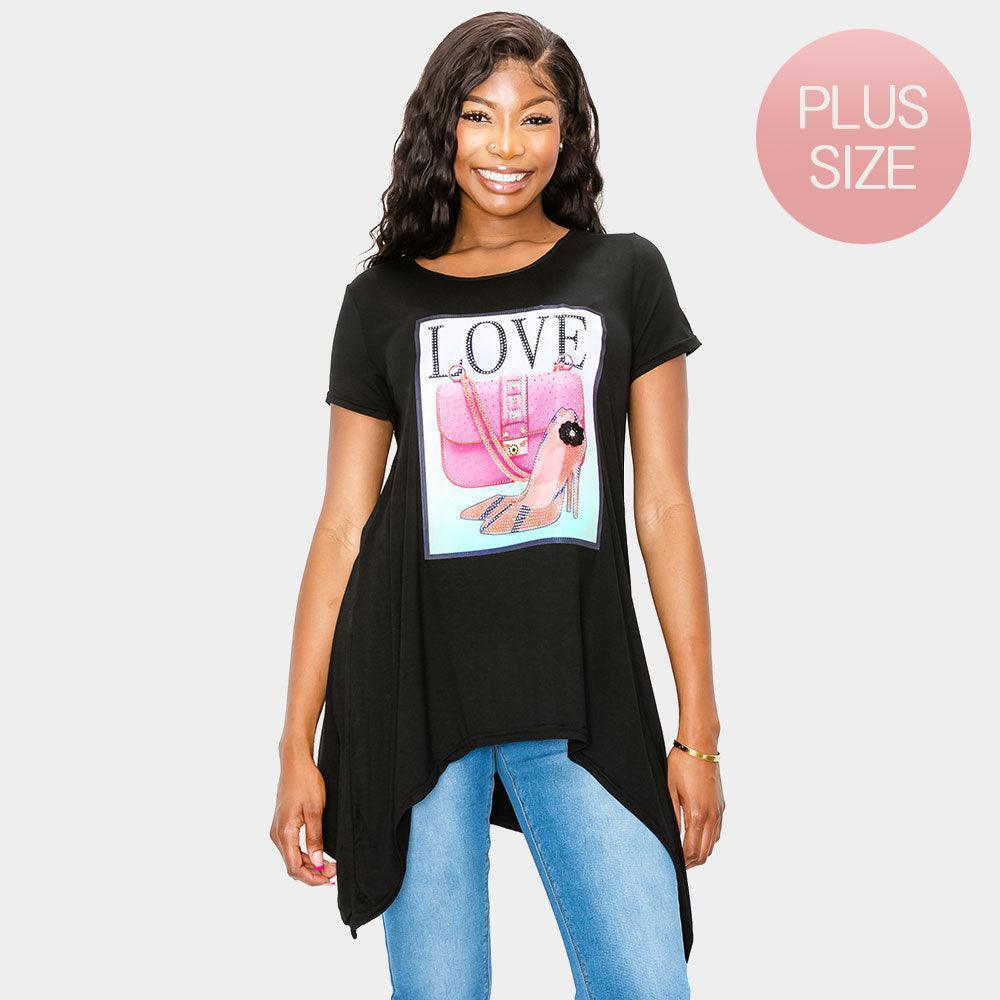 Black LOVE Bag Stiletto Heel Printed Crystal Embellished Half Sleeve Top - Jewelry Store by Erik Rayo
