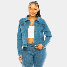 Load image into Gallery viewer, Denim Leopard Patterned Stiletto Heel Back Accented Denim Jacket
