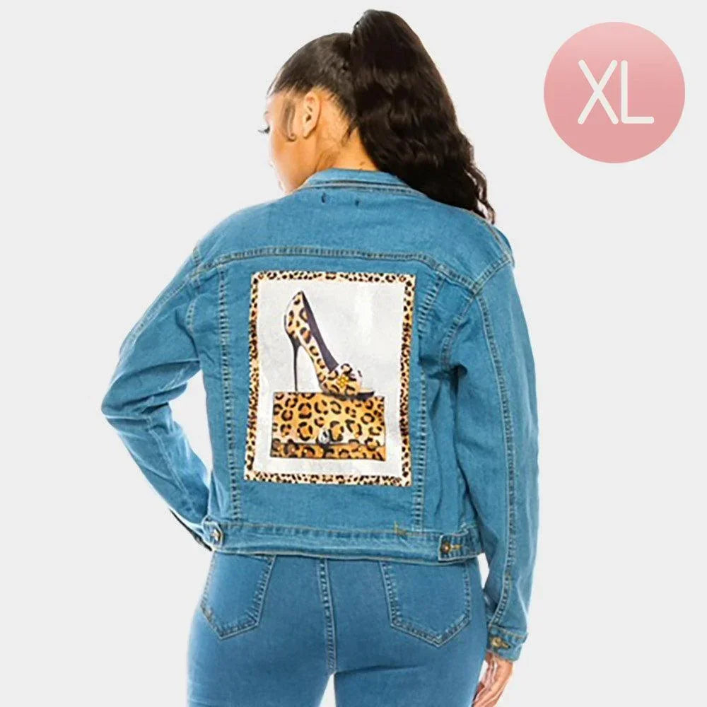 Denim Leopard Patterned Stiletto Heel Back Accented Denim Jacket