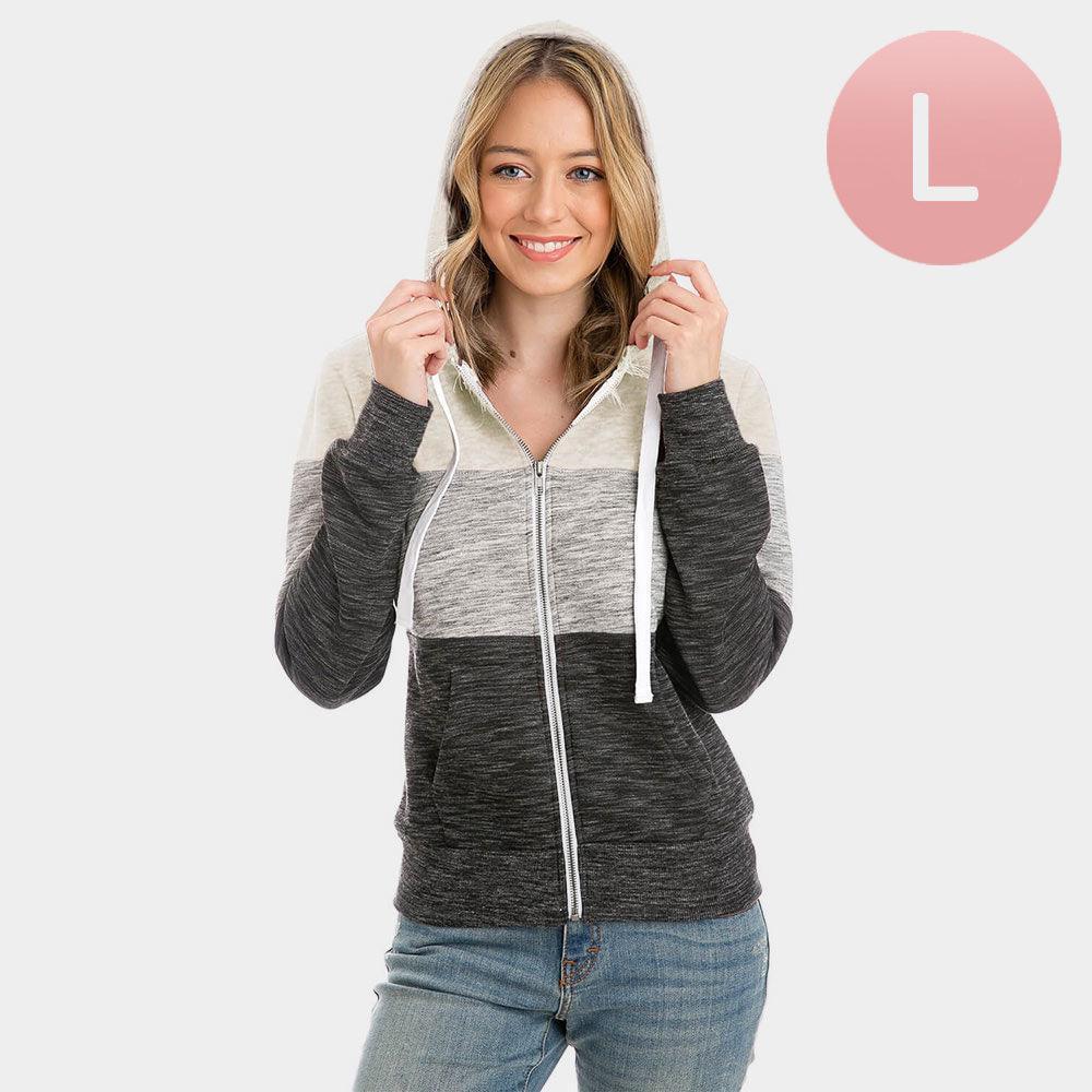 Ivory Color Block Zip Up Hoodies Sweater