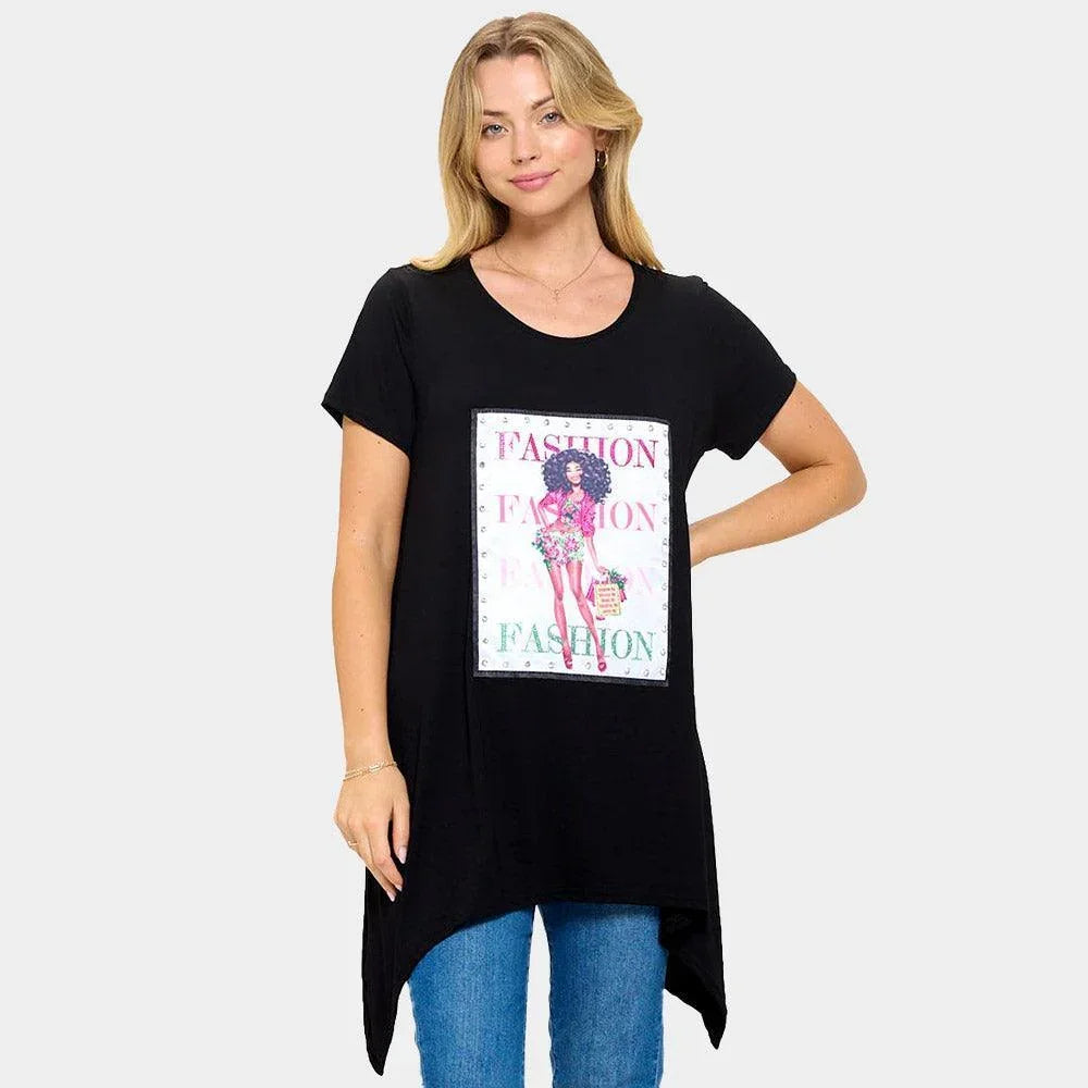 Black Stone Studded Fashion Message Glam Woman Printed Half Sleeve Top