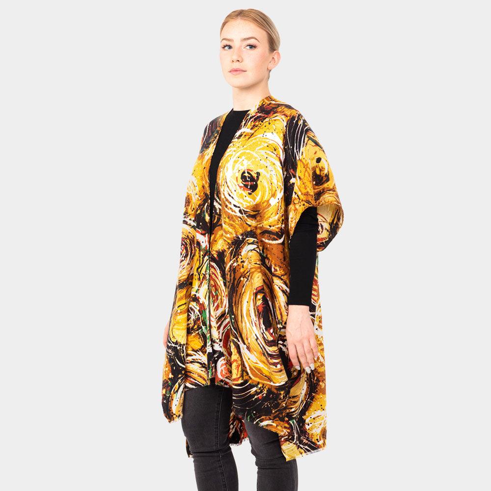 Mustard Abstract Print Kimono Poncho