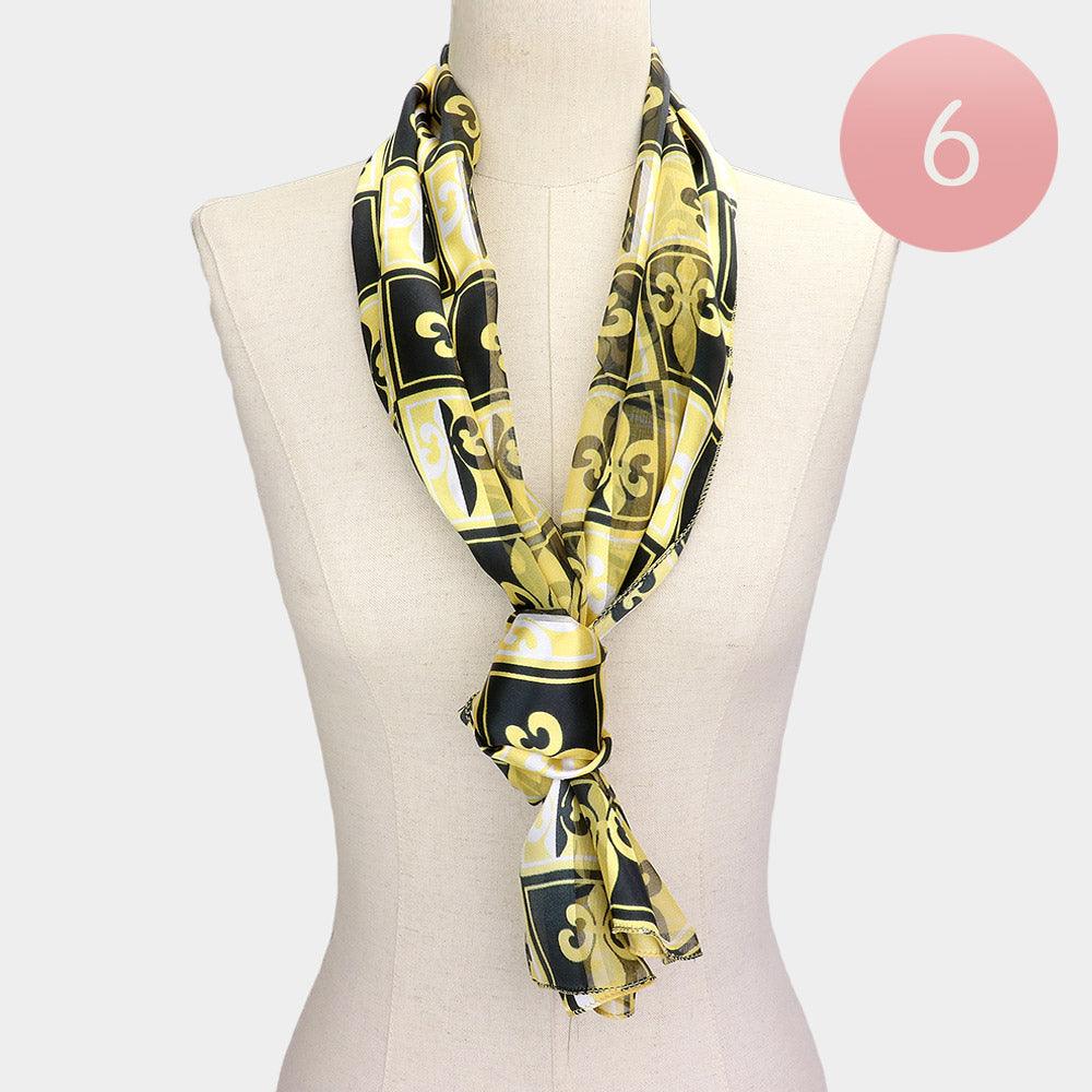 Black 6PCS - Silk Feel  Fleur De Lis Print Scarf