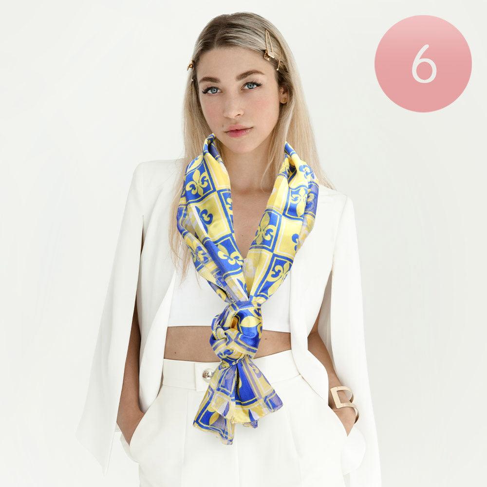 Blue 6PCS - Silk Feel  Fleur De Lis Print Scarf