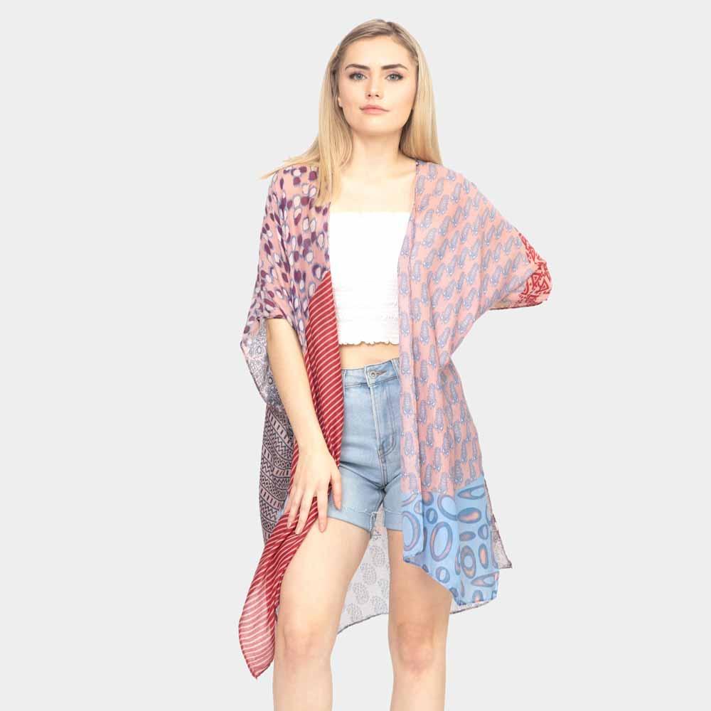 Pink Mixed Pattern Kimono Poncho