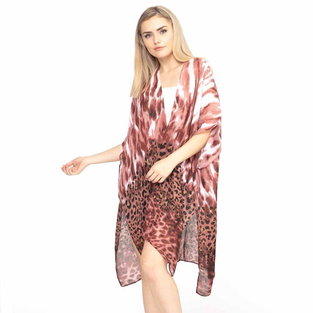 Burgundy Leopard Tie Dye Print Kimono Poncho - Jewelry Store by Erik Rayo