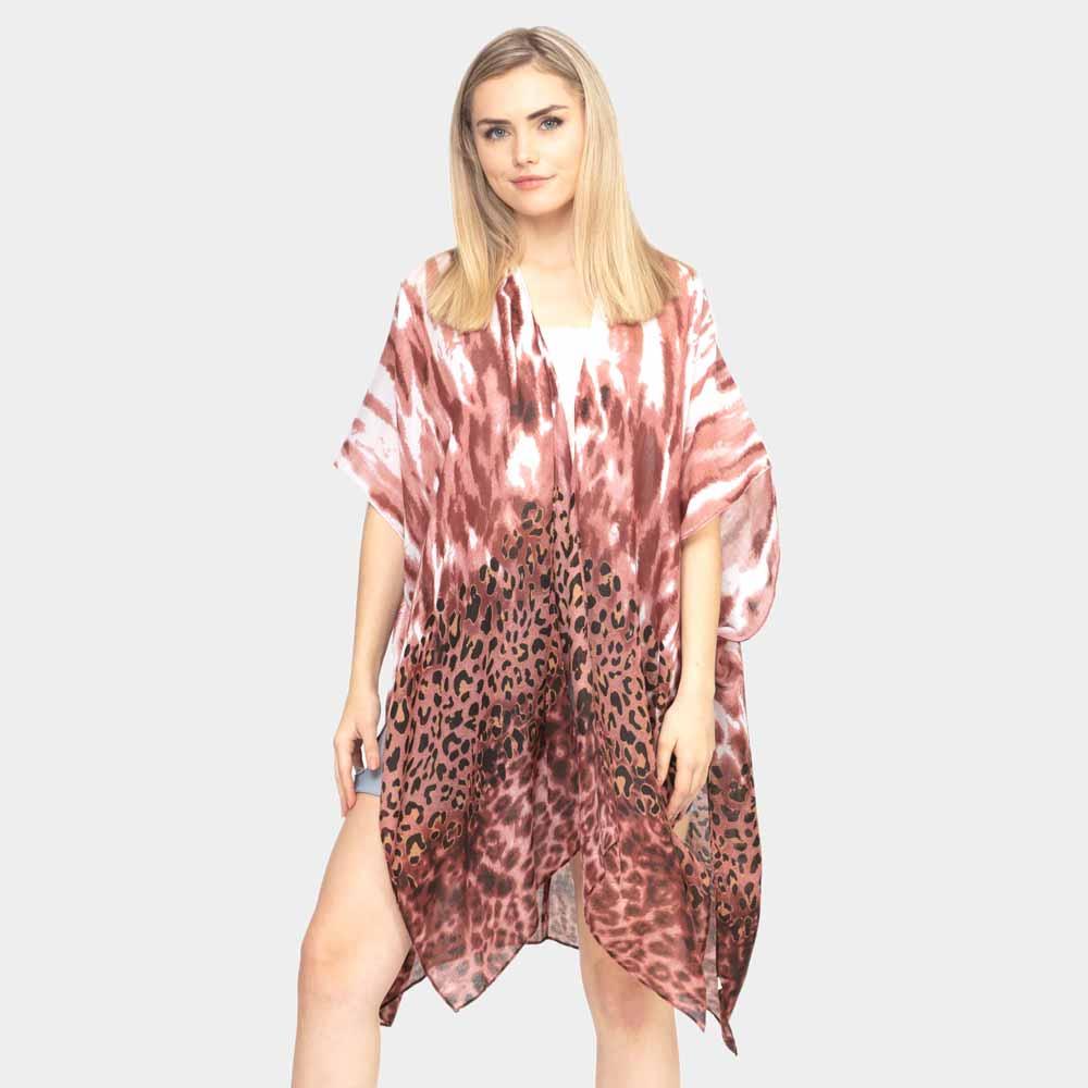 Burgundy Leopard Tie Dye Print Kimono Poncho