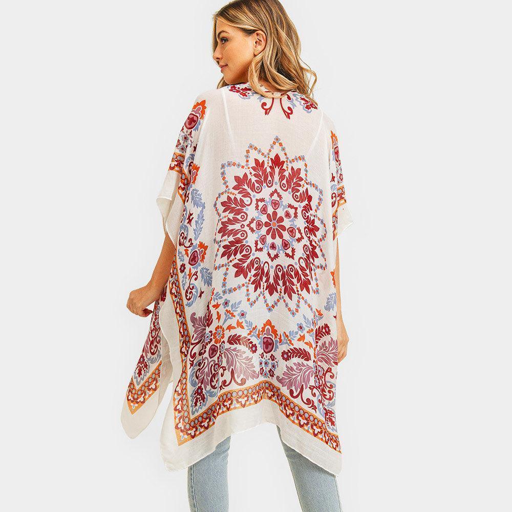Burgundy Bohemian Print Cover Up Kimono Poncho - Jewelry Store by Erik Rayo