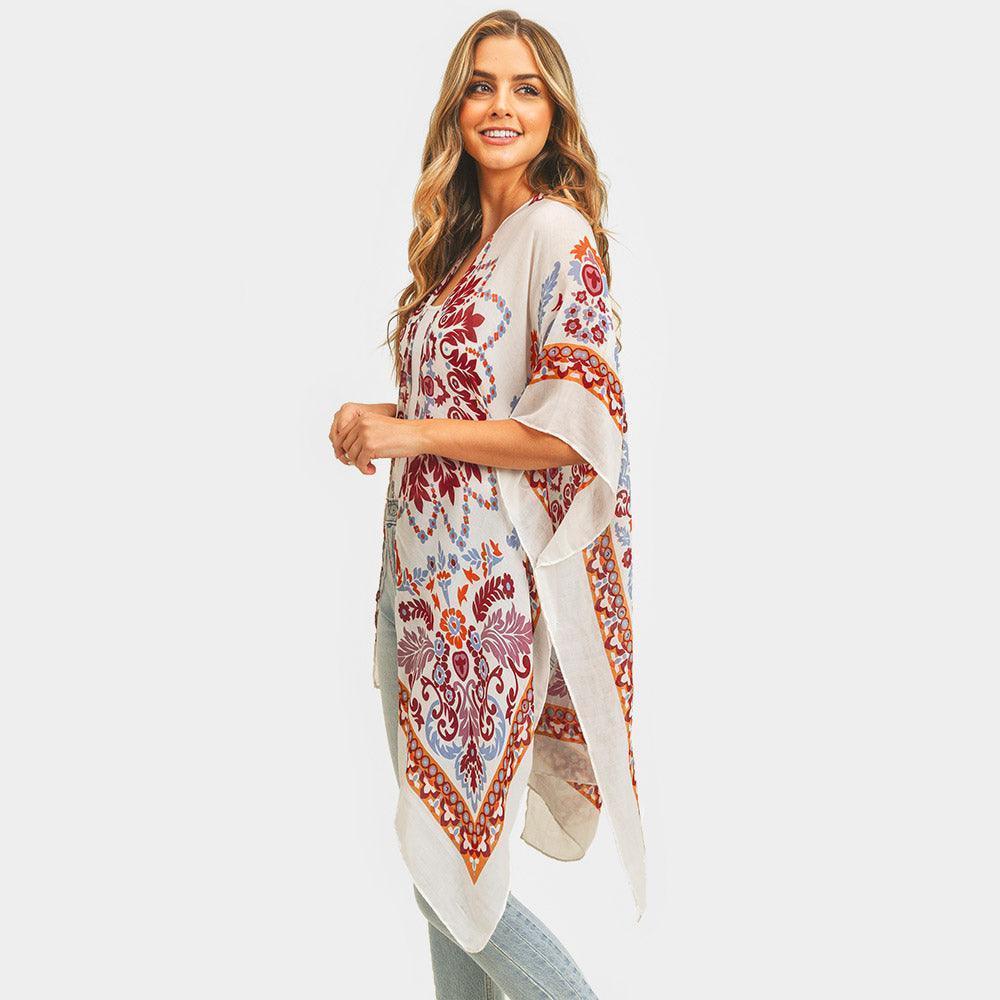 Burgundy Bohemian Print Cover Up Kimono Poncho - Jewelry Store by Erik Rayo