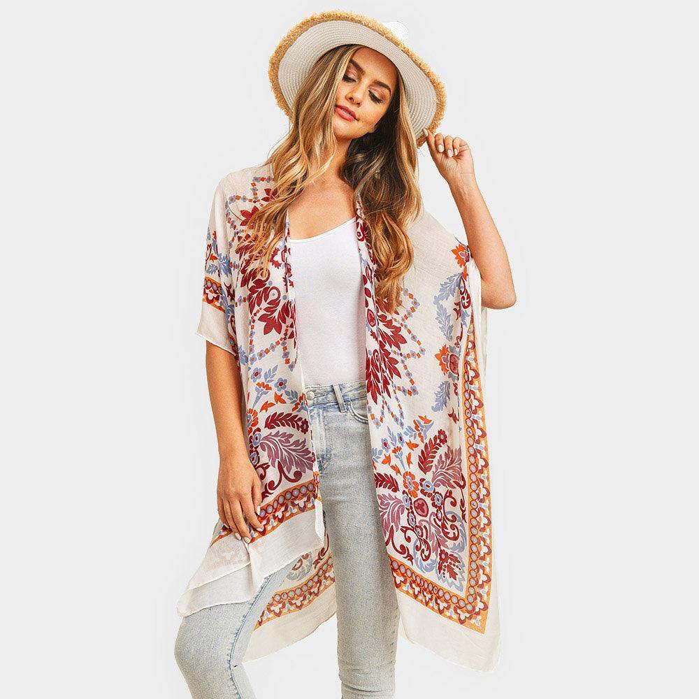 Burgundy Bohemian Print Cover Up Kimono Poncho - Jewelry Store by Erik Rayo